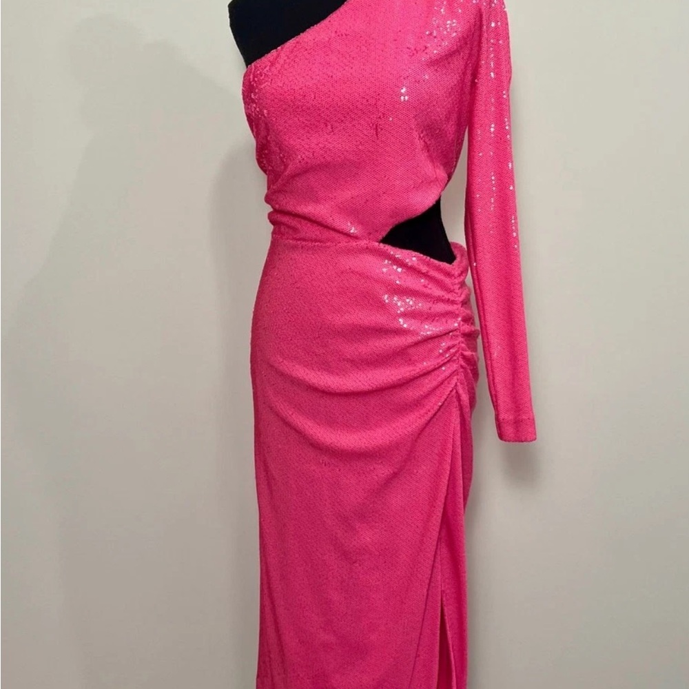 L'AGENCE Pink Asymmetrical Ruched Bodycon Dress